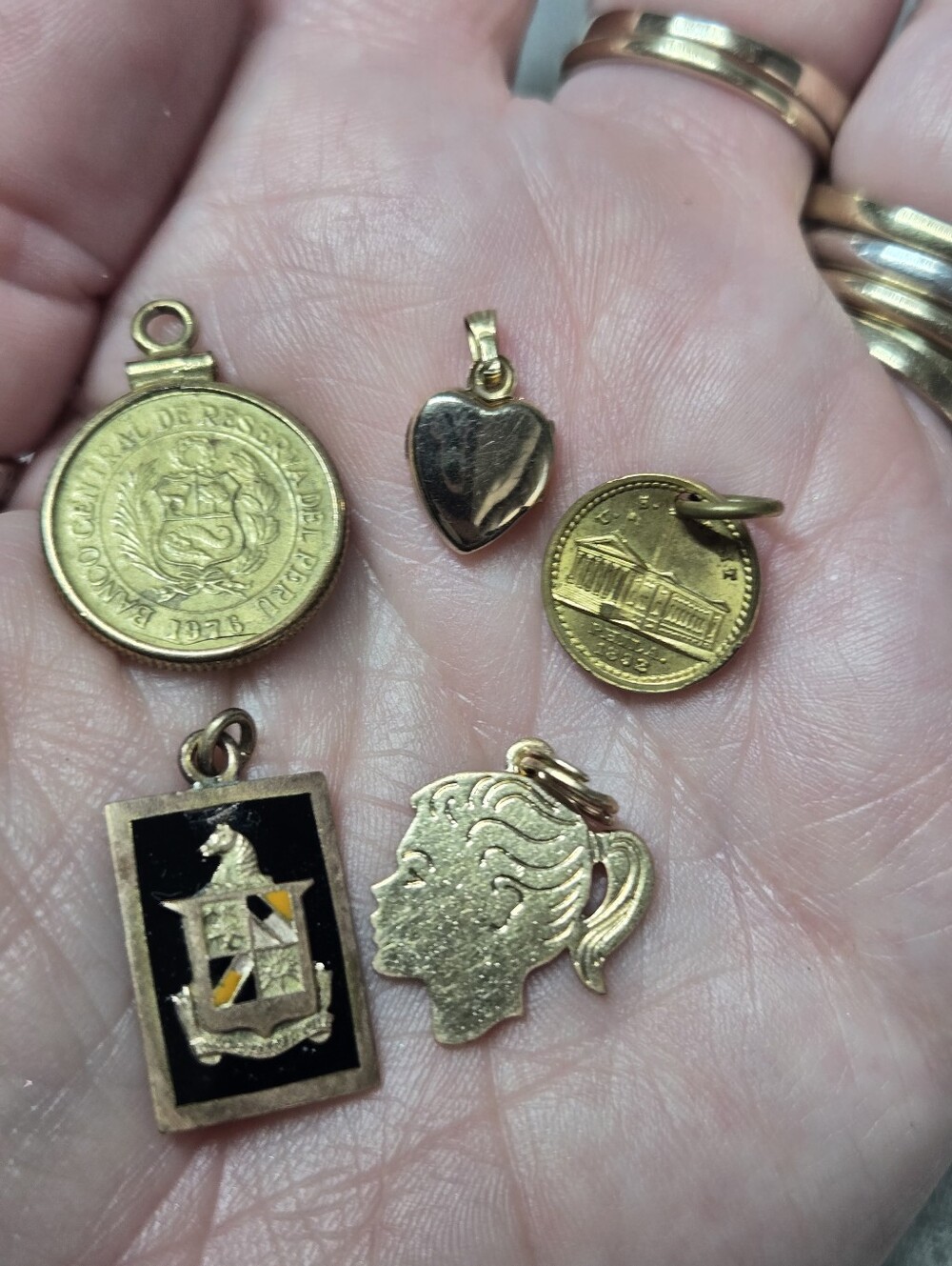 Gold Filled Vintage Charm Lot - Heart, Coin, Shield & Profile Pendants